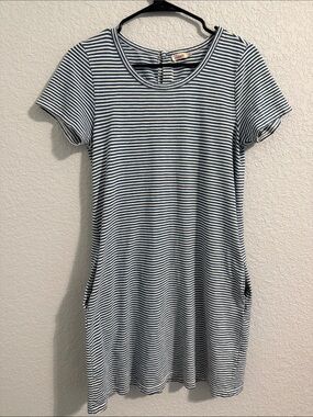 Faherty Women’s Navy and White Striped Mini Dress with Buttons and Pockets